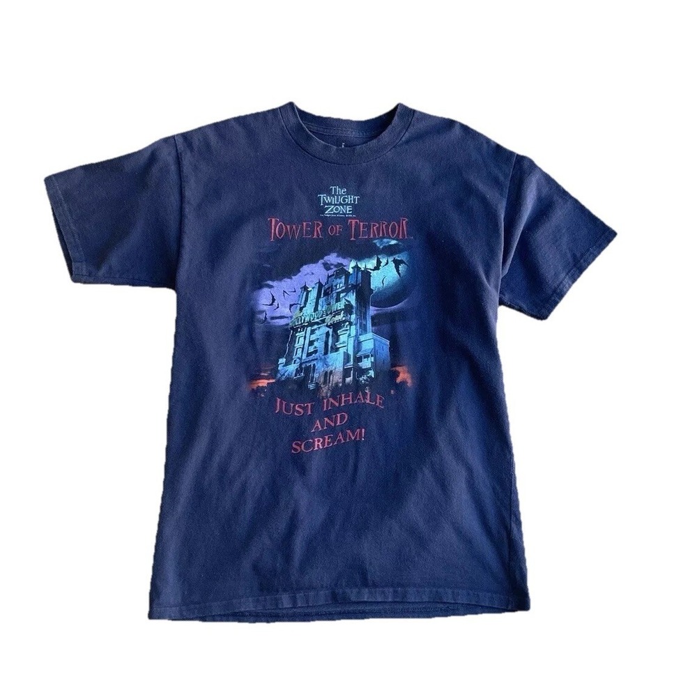 Vintage Disney Tower Of‎ Terror XL Navy Blue Tshirt Just Inhale And Scream Y2K